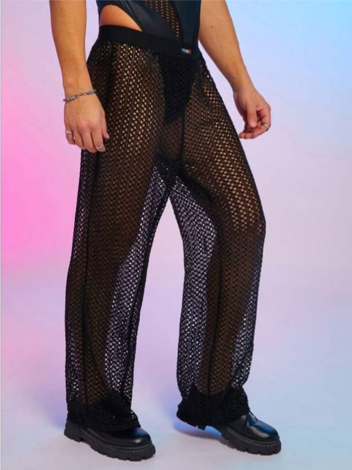 Men's Wide-Leg Loose Fit Mesh Embroidered Trousers Lounge Pant